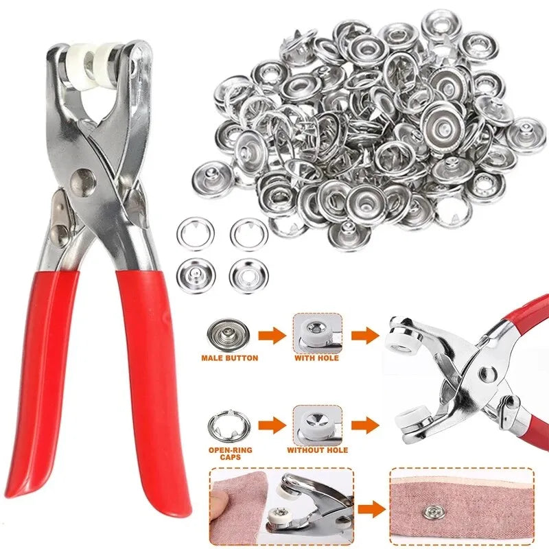 Metal Snap Button Kit with Hand Pressure Button Piller Tool Kit,Pliers includes 50 durable metal snaps, ideal for sewing and DIY crafts.