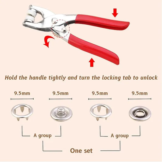 Metal Snap Button Kit with Hand Pressure Button Piller Tool Kit,Pliers includes 50 durable metal snaps, ideal for sewing and DIY crafts.